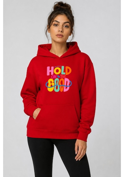 Herkesemoda Hold Good Baskılı Kapüşonlu 2 İplik Şardonlu Sweatshirt Kırmızı