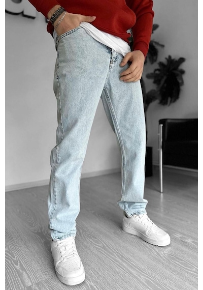 Buz Mavisi Bol Kesim Kot Erkek Pantolon Buz Mavi