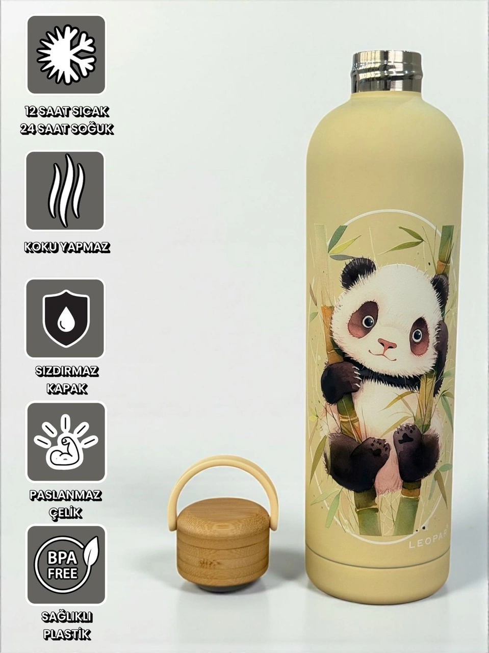 Bambu Kapaklı Krem Renk Panda Figürlü 500 Ml Paslanmaz Çelik Termos Krem
