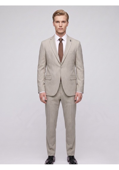 Tk6890 Erkek Çizgili Takım Elbise Slim Fit Modern Kesim Şık Klasik Ceket Pantolon Takım Bej