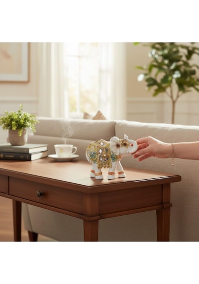 Lüks Ayna Ve Nakış İşlemeli Feng Shui Şans Getiren 2li Fil Heykeli Biblo 10 Cm Yeni Yıl -ev Hediyesi