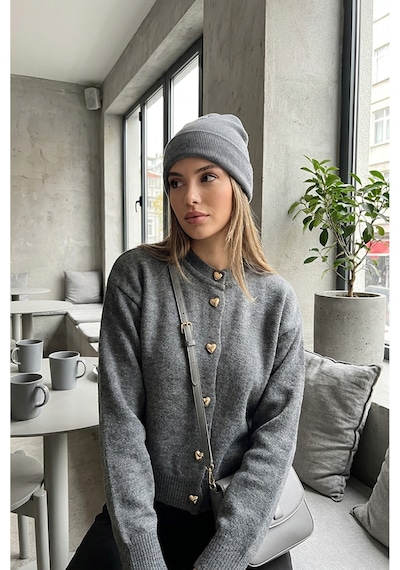 Sayzen Your Shine Trend Basic Kalp Düğmeli Kadın Hırka Gri