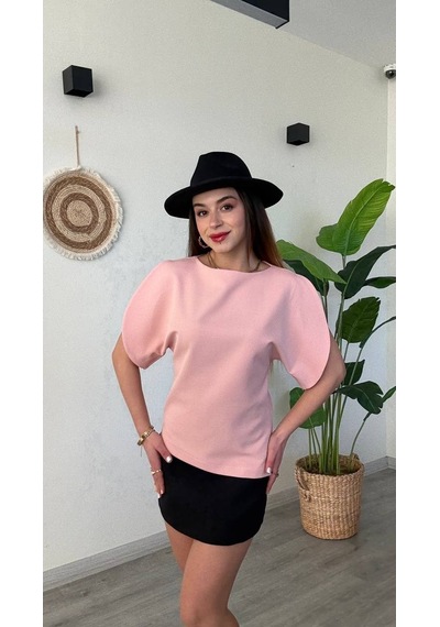 Modadua Bisiklet Yaka Pembe Balon Kol Bluz Modern Şık Ofis Bluzu Pudra