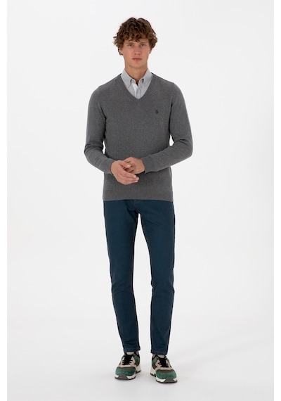 U.S. Polo Assn. Erkek Slim Fit V Yaka Gri Melanj Basic Triko Kazak 50313662-VR086