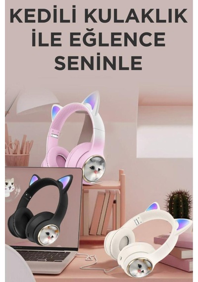 Hd11 Mavi Sevimli Kedi Karükatür Kulak Led Işıklı 5.3 Bluetooth Kulak Üstü Kulaklık