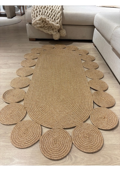 Mavaux Oval Papatya Hasır Jüt Çiçek Desenli Kilim Halı Bej