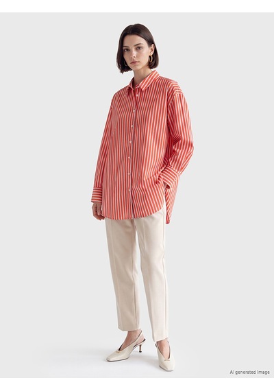 Lcw Modest Kırmızı Çizgili Oversize Kadın Gömlek Tunik
