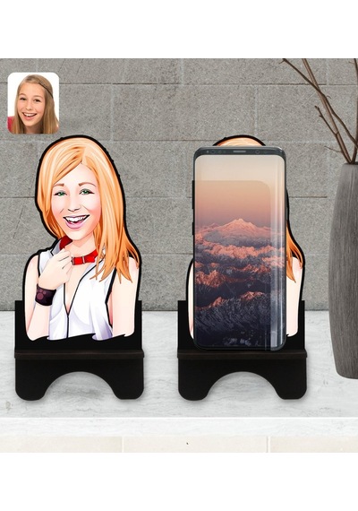 Kişiye Özel Kadın Karikatürlü Ahşap Biblo Telefon Standı-35
