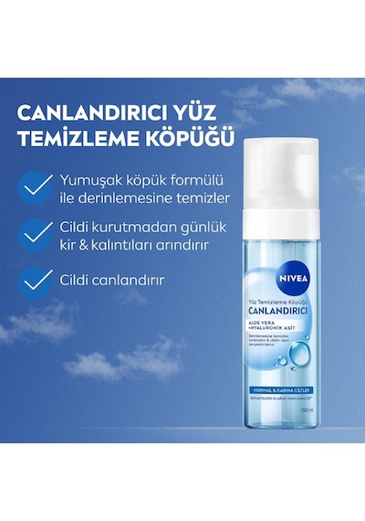 Canlandırıcı Yüz Temizleme Köpüğü 150ml, Derinlemesine Temizleme,karma Normal Cilt, Aloe Vera, Hyaluronik Asit, Ferahlatıcı