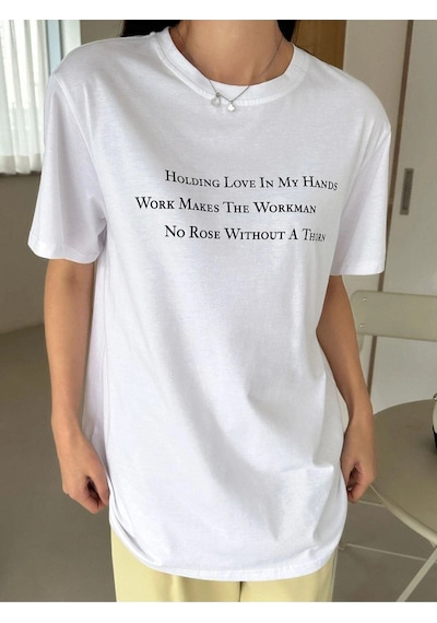 Flood Of Style Kadın Beyaz Yazılı Baskılı Oversize Bisiklet Yaka Tişört