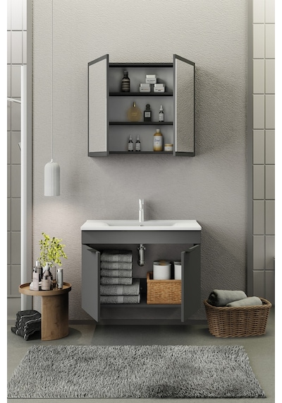 Biani Fix Loft 85 Cm Banyo Dolabı,Seramik Lavabolu, Aynalı,Lavabo Dahil,Mdf,Mat Gri Biani Fix Loft 85 Cm Banyo Dolabı,Seramik Lavabolu, Aynalı,Lavabo Dahil,Mdf,Mat Gri