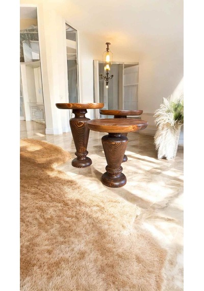 Modern Mantar Sehpa 3 Lü Set Ahşap Yan Sehpa Takımı Açık Ceviz