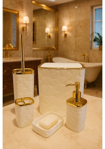 Makri Home 5 Parça Banyo Seti, Kalp Desenli, Beyaz Gold, Kare, Click Kapaklı, Hacim: 8 Litre Altın - Beyaz