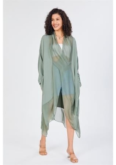 Bohem Stil Italyan Ipek Detaylı Oversize Kaftan & Bluz-8711 Açık Haki