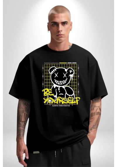 Kendin Ol Pamuklu Bisiklet Yaka Unisex Oversize Boyfriend Dijital Baskılı Siyah T-shirt Siyah