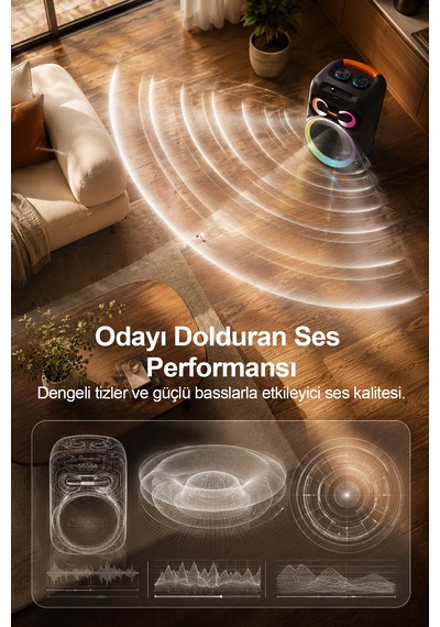 Taşınabilir Mikrofonlu 50w Led Işıklı Bluetooth Hoparlör Seti