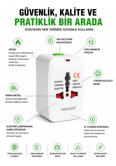 Universal Seyahat Adaptörü 150+ Ülke Uyumlu, Aşırı Gerilim Korumalı, Kompakt Ve Güvenli Priz Dönüştürücü