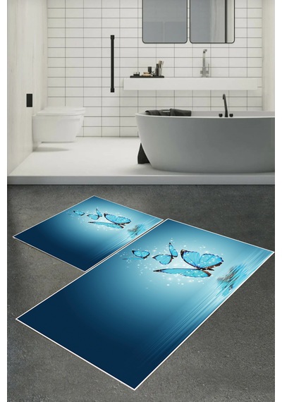 Dijital Baskılı Yıkanabilir Kelebek Desenli Kaymaz Taban 2'li Banyo Paspas Seti Mavi