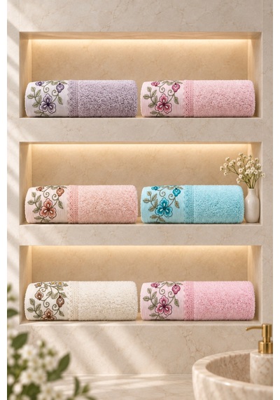 Bahar Dalı Çiçek Nakışlı El Yüz Havlusu 50x90 Cm 6 Lı Set %100 Pamuk - Çok Renkli