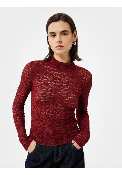 Koton Slim Fit Uzun Kollu Dik Yaka Floral Dokulu Dantelli Bluz Bordo 6wak80001ek Bordo