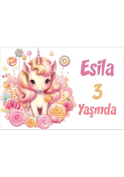 Pembe Unicorn Temalı Doğum Günü Afişi -5 100x150 Cm