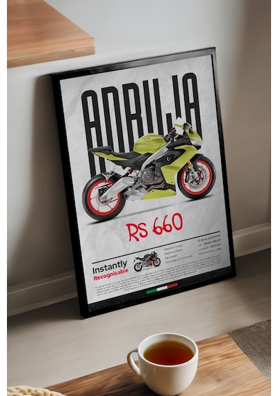 Aprilia Rs 660 Siyah Ahşap Çerçeveli Poster, Dekoratif Motosiklet Duvar Tablosu Çok Renkli