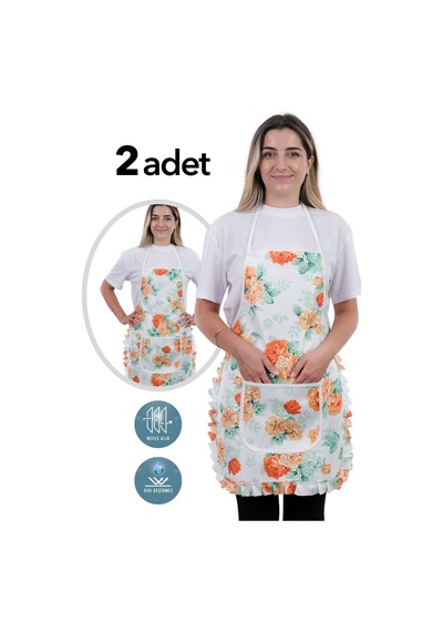 Jarse Frilly İkili Paket Sıvı Geçirmez Su Geçirmez Mutfak Önlüğü Turuncu Güller