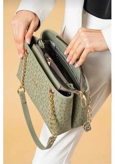 Just Polo Orijinal Kadın 3 Bölmeli Zincir Detaylı Ayarlanabilir Askılı Lüks El & Omuz Çantası Shoulder Bag Yeşil