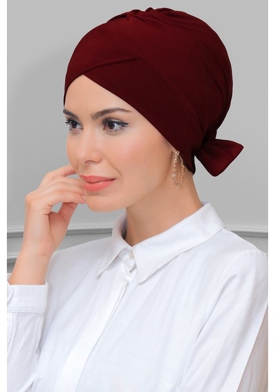 Hürrem Bone Bordo Pratik Hazır Geçmeli Tesettür Bone Sandy Kumaş Fiyonklu Çif Bordo