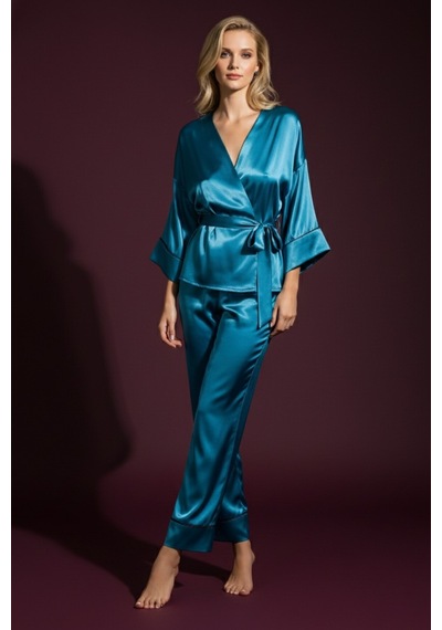Kadın Turkuaz Saten Kuşaklı Pijama Takımı Kimono Kol Detaylı Şık Ve Rahat 2 Li Set