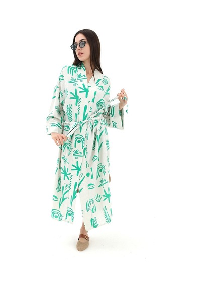 Wpr Baskılı Keten Kimono - Yeşil-yeşil Yeşil
