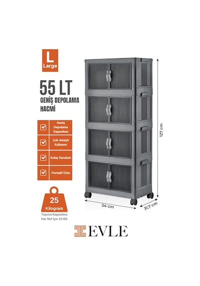 Evle Katlanabilir Modüler Dolap 4 Lü 54 Cm X 31,7 Cm X 127 Cm Antrasit