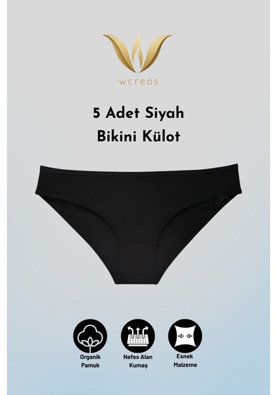 Wcreas Kadın Bikini Külot, Normal Bel Pamuklu Yumuşak Kumaş Slip Külot Siyah