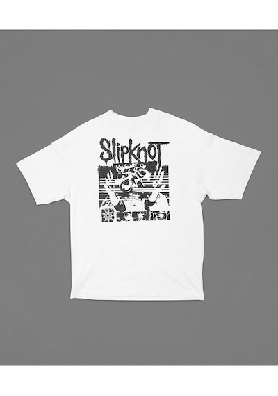 Slipknot Baskılı Unisex Tişört, Oversize Anime Tişört Beyaz
