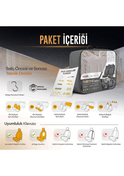 Throne Design Terletmeyen Keten Kumaş Ekstra Destekli Özel Tasarım Universal Oto Koltuk Kılıfı Tam Set