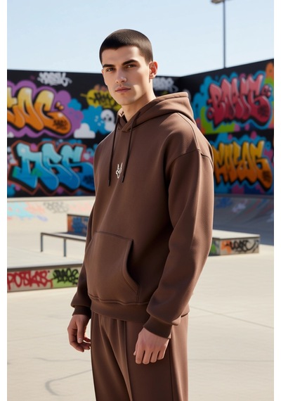 Benerly Erkek Kapüşonlu Standart Kol Kanguru Cep Sweatshirt Fonksiyonel D Koyu Kahverengi