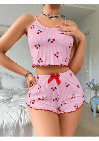 Kadın Pembe Kiraz Desenli Askılı Şortlu Pijama Takım 5044 Pembe
