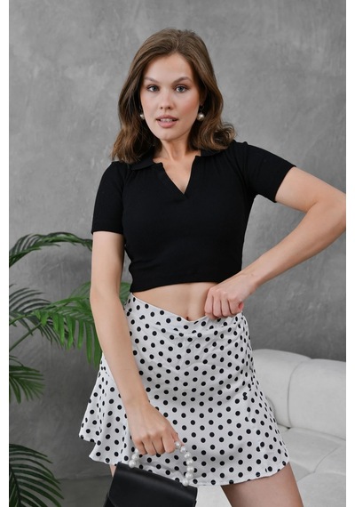 Park Karon Kadın Siyah Polo Yaka Basic Crop Body Siyah