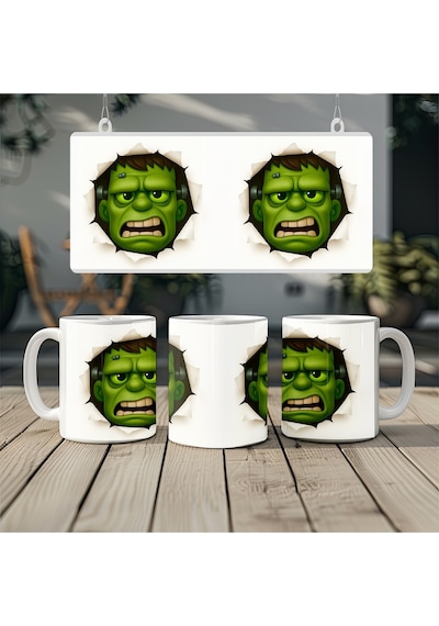 3 Boyutlu Frankenstein Kupa Bardak Yeşil Canavar Yüzü Derinlik Efektli Tasarım - Kabartmasız Beyaz