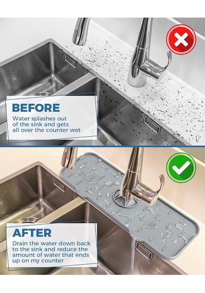 Mucit Home Silikon Musluk Matı Su Geçirmez Lavabo Kenar Damlatmaz Altlık Düzenleyici Mat Gri