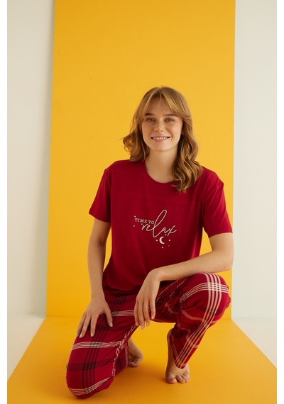 Street Beauty 7051-6 Bamboo Bordo Kısa Kol Pijama Takım