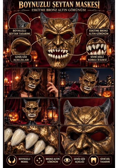 Halloween Boynuzlu Şeytan Yüz Maskesi Eskitme Bronz Altın Cadılar Bayramı Korku Kostüm Aksesuarı