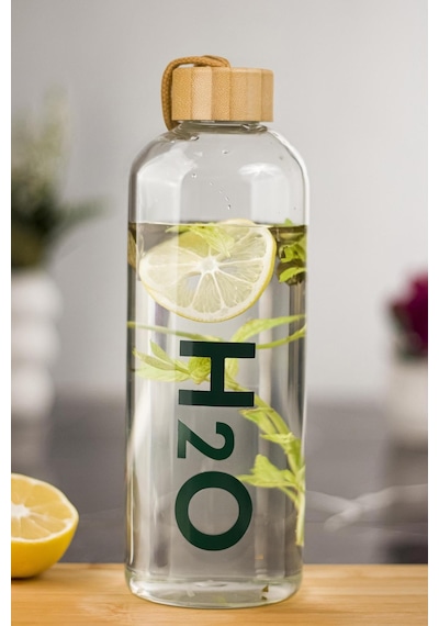 H2o Borosilikat Cam Matara Vakum Kapaklı Su Şişesi Suluk Bambu Kapaklı 1000 Ml
