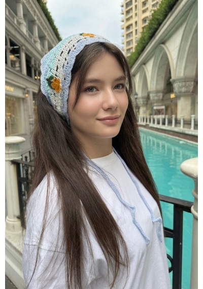 Kadın Yazlık Örgü Bandana Mavi Retro Çiçek İşlemeli Saç Aksesuarı Açık Mavi