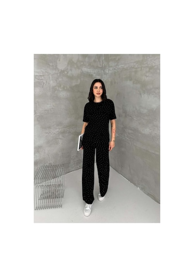 Asur Boutique Asur Butik Kadın Taşlı Bisiklet Yaka Alt Üst Takım Pantolonlu Şık Günlük Kombin Siyah