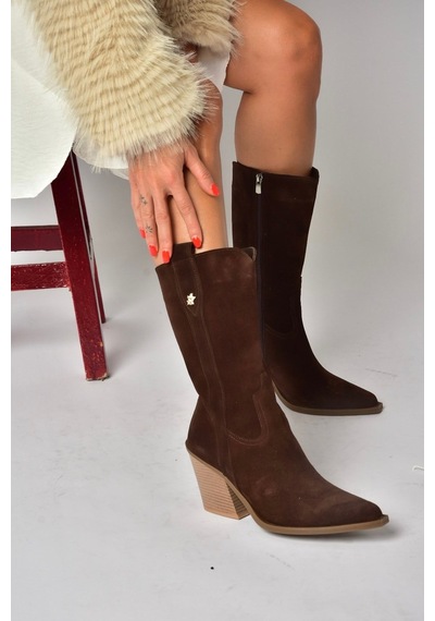 Fox Shoes Z654940161 Kahverengi Hakiki Deri Süet Kalın Topuklu Western Kadın Çizme