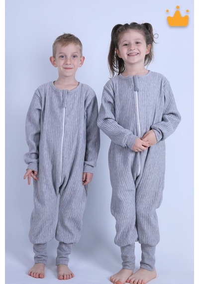 Babyhola 2-8 Yaş 1.5 Tog Kapitone Çocuk Uyku Tulumu Unisex Uzun Kollu Uyku Tulumu Gri
