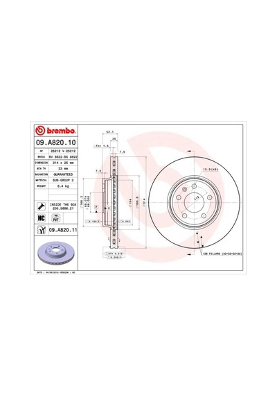 Brembo 09a82010 Ön Fren Diski Havalı A4 8ec 2.0 Tdı 06- A4 8k2 A4 Avant 8k5 1.8 Tfsı/1.8 Tfsı Quattro/2.0 Tfsı/2.0 986479467-df4866s 8k0615301 -