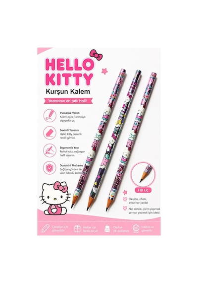 Hello Kıtty Kurşun Kalem 3 Adet Hello Kity Yuvarlak Gövdeli Siyah Kurşun Kalem Yumuşak Yazım Kolay Tutuş Kaliteli Çok Renkli