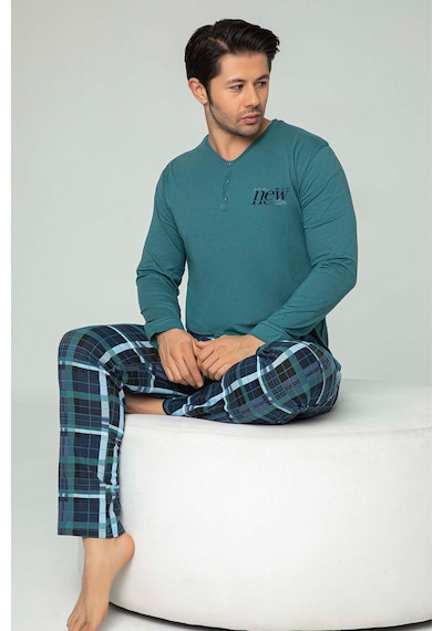 Aydoğan Erkek Tuna Koton Patlı Düğmeli Çam Yeşili Pijama Takımı 0450 Turkuaz